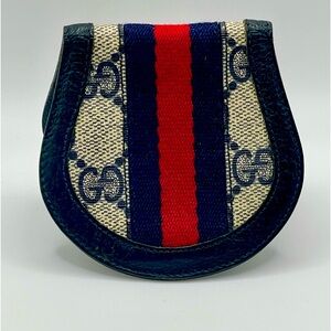 Gucci Coin Purse GG Coated Brown Canvas Web Navy & Red Stripe - Vintage